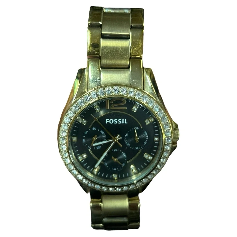 Fossil Riley ES 3384 Gold Bracelet Black‎ Face Swarovski Crystal Dial & Bezel